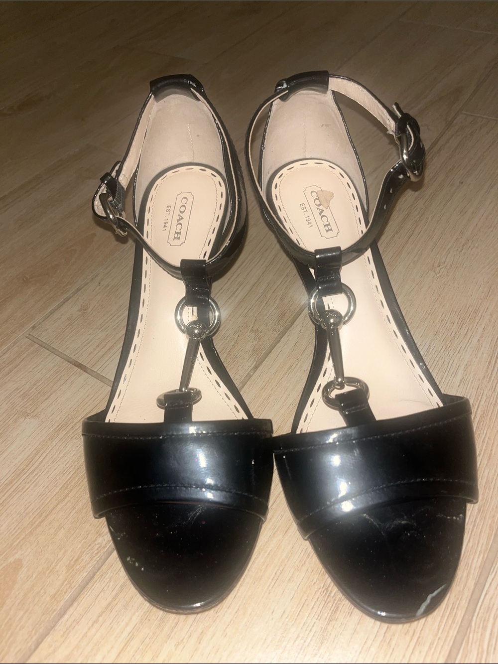 Coach Black T-Strap Kitten Heel Sandals with Silver Bit